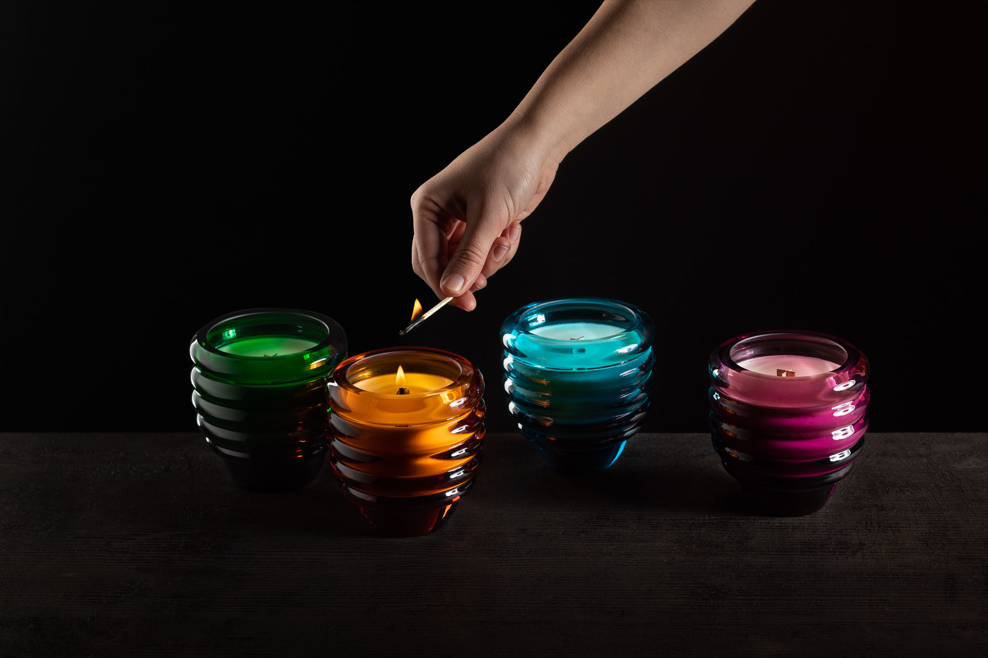 9 KLIMCHI CANDLES, design by František Jungvirt for KLIMCHI s.r.o., glass, blown, hand cut and polished, photo by Anna Pleslová